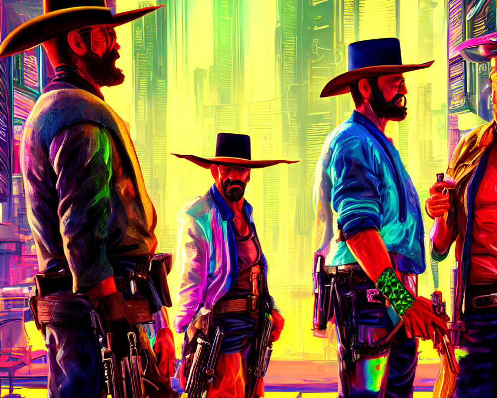 Neon-lit cyberpunk Western cowboys with guns