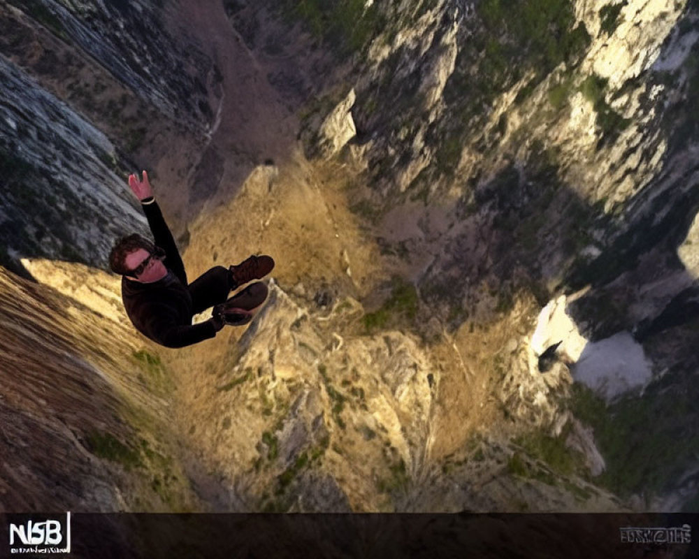 Person base jumping off cliff into deep rocky valley in free-fall position