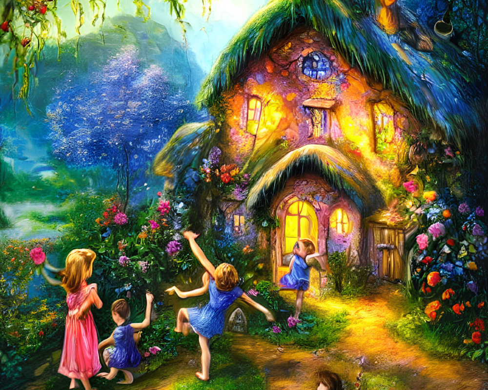 Thatched roof cottage in lush garden with children at sunset