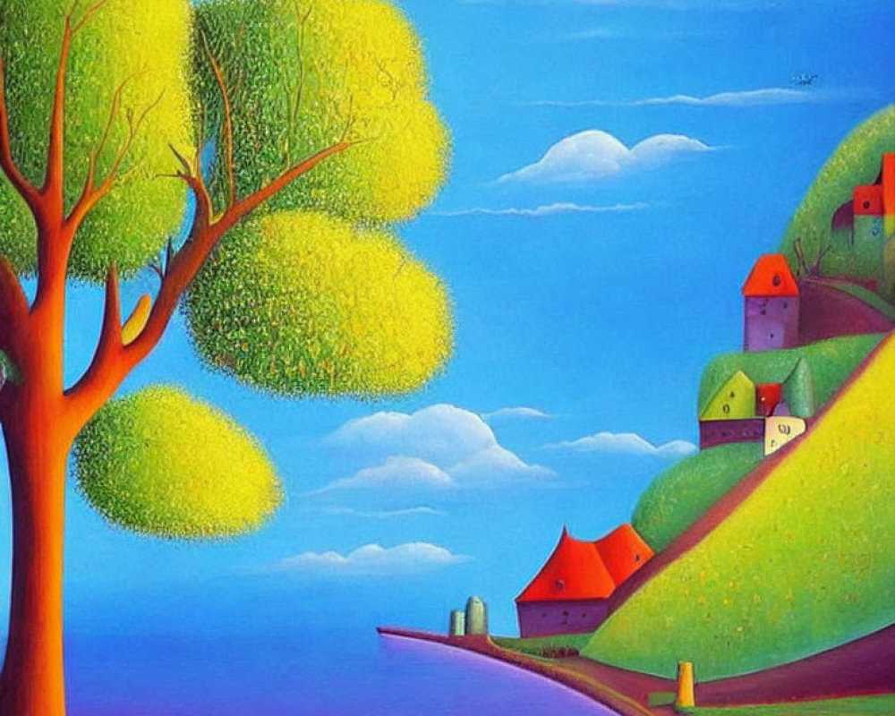 Colorful Landscape with Tree, Houses, Sky, and Riverbank