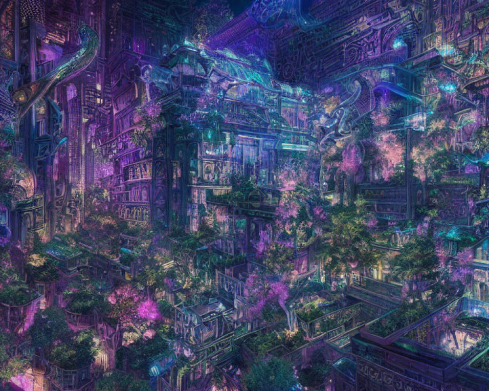 Futuristic cityscape with glowing purple and pink hues and bioluminescent vegetation