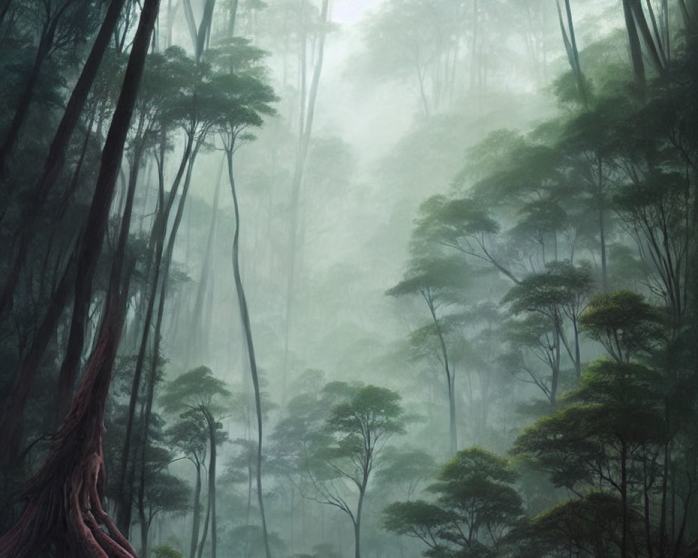 Tranquil misty forest with tall trees and diffused sunlight