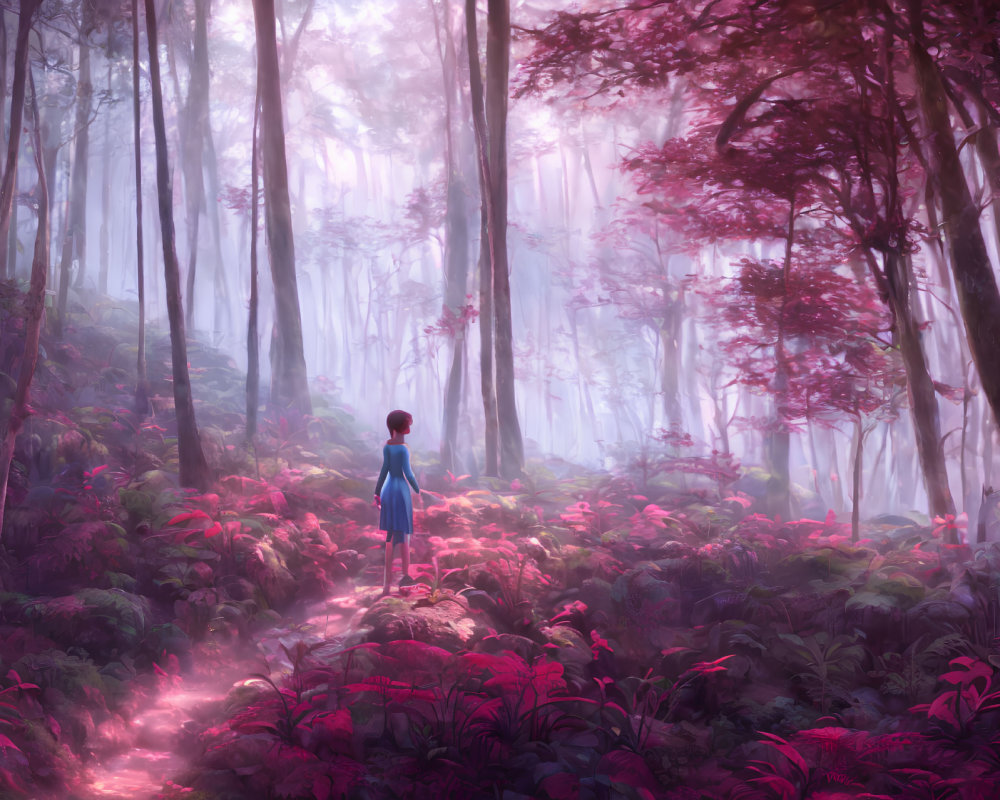 Person in misty pink forest with tall trees and vibrant foliage.