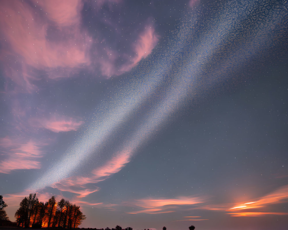 Colorful sunset with birds flying over silhouetted trees.