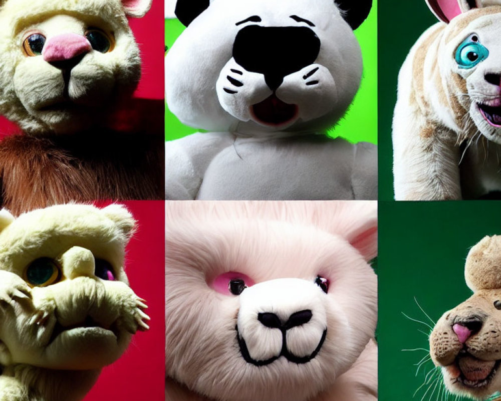 Six Plush Animal Heads Collage on Multicolored Backgrounds