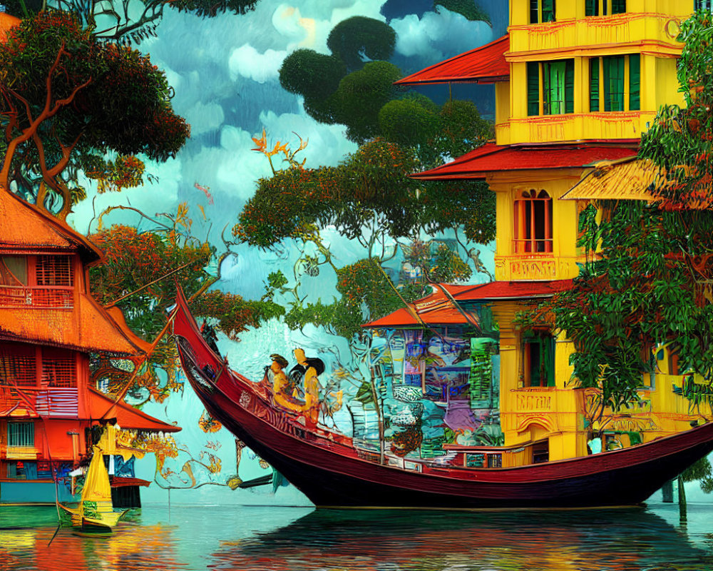 Illustration of vibrant river scene with traditional buildings, gondola, and people in lush setting