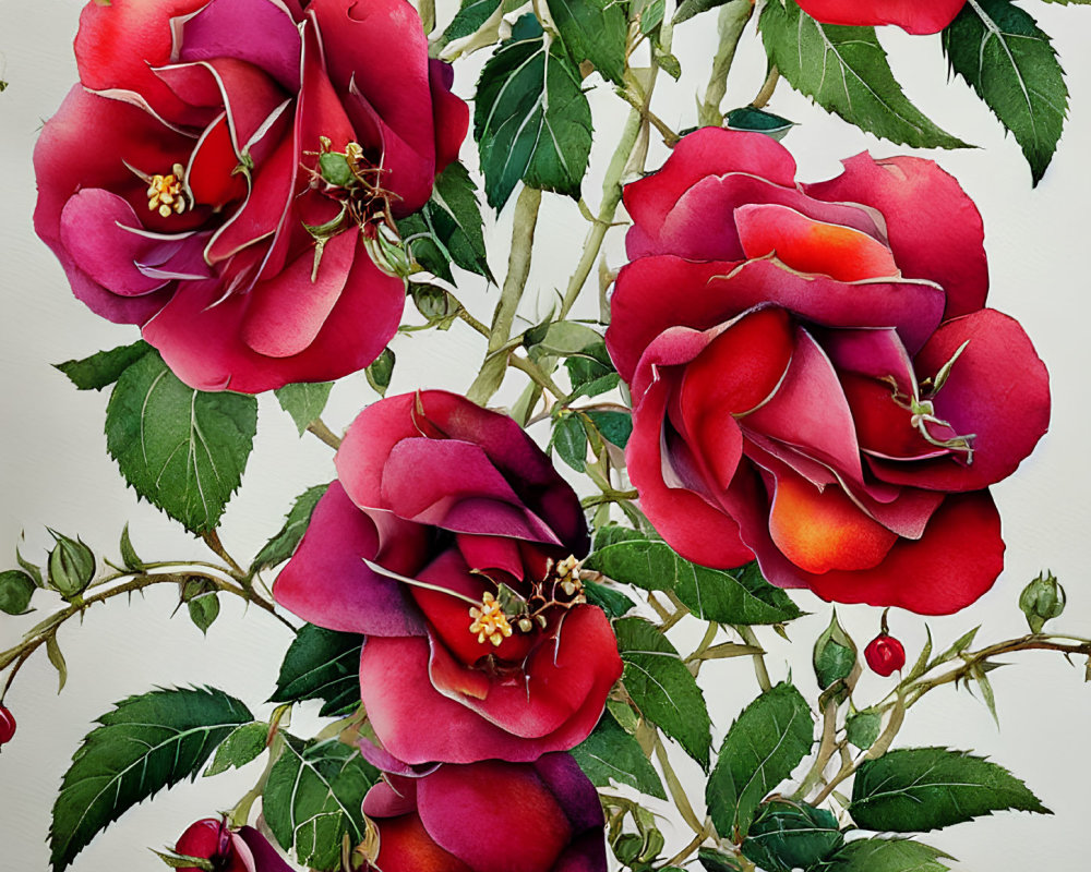 Colorful roses with green leaves and thorns on pale background.