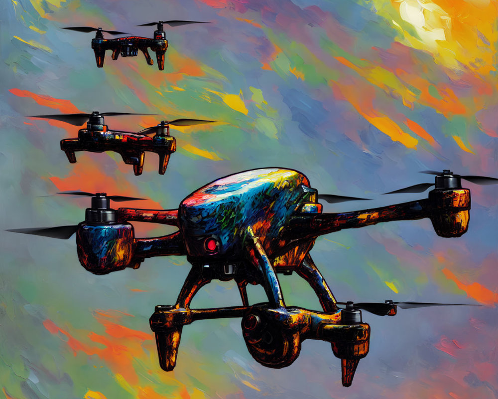 Colorful abstract painting style with three drones flying