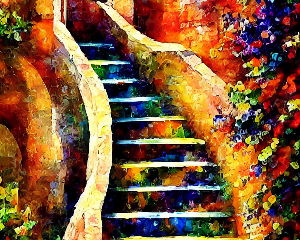 Colorful Flower-Lined Outdoor Staircase in Watercolor Style