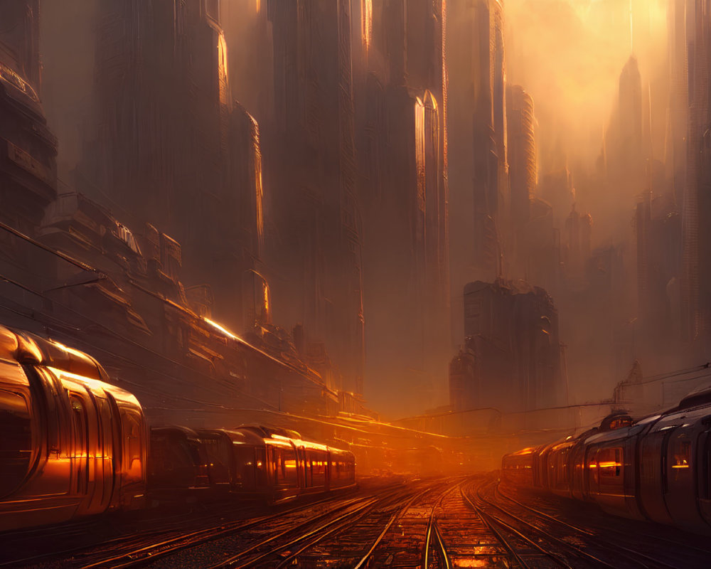 Futuristic cityscape at sunset with glowing skyscrapers and sleek trains