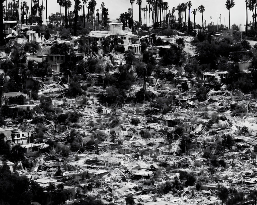 Devastated neighborhood with debris under gloomy sky.