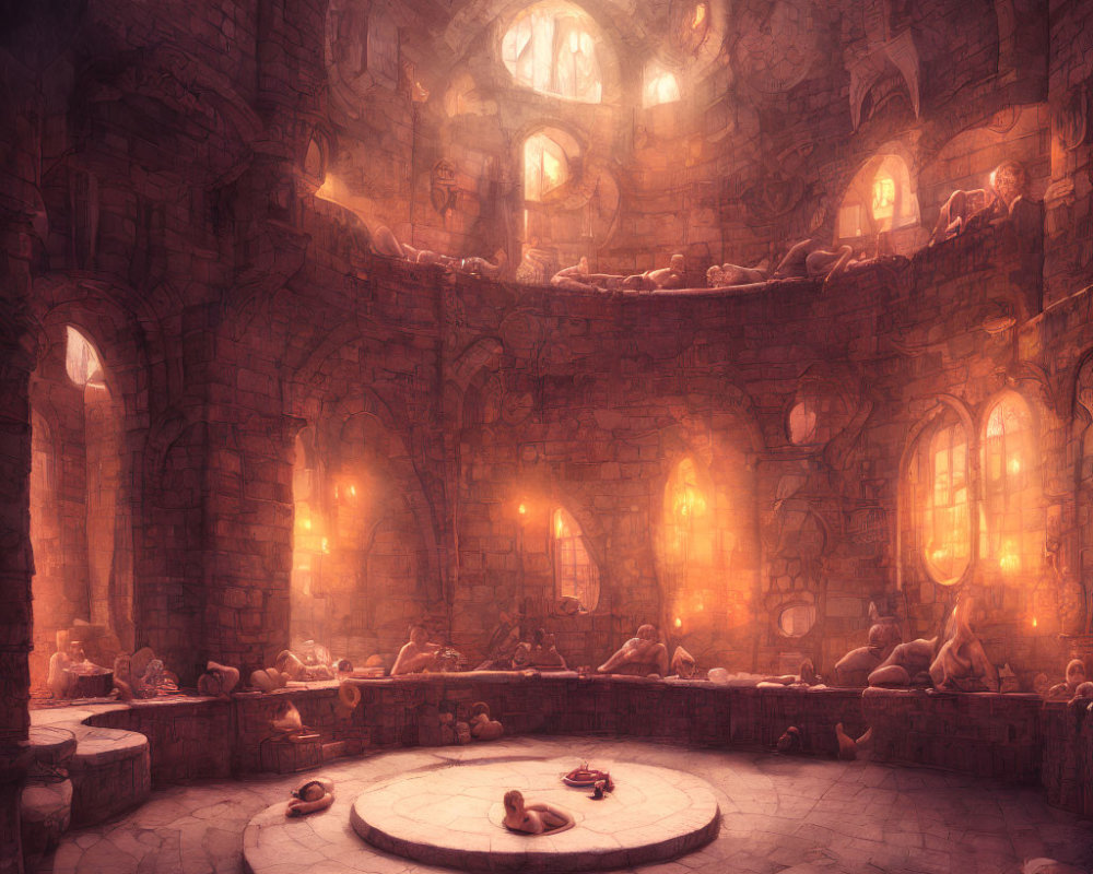 Circular stone hall with arched windows and warm lights, people reading in an ethereal library