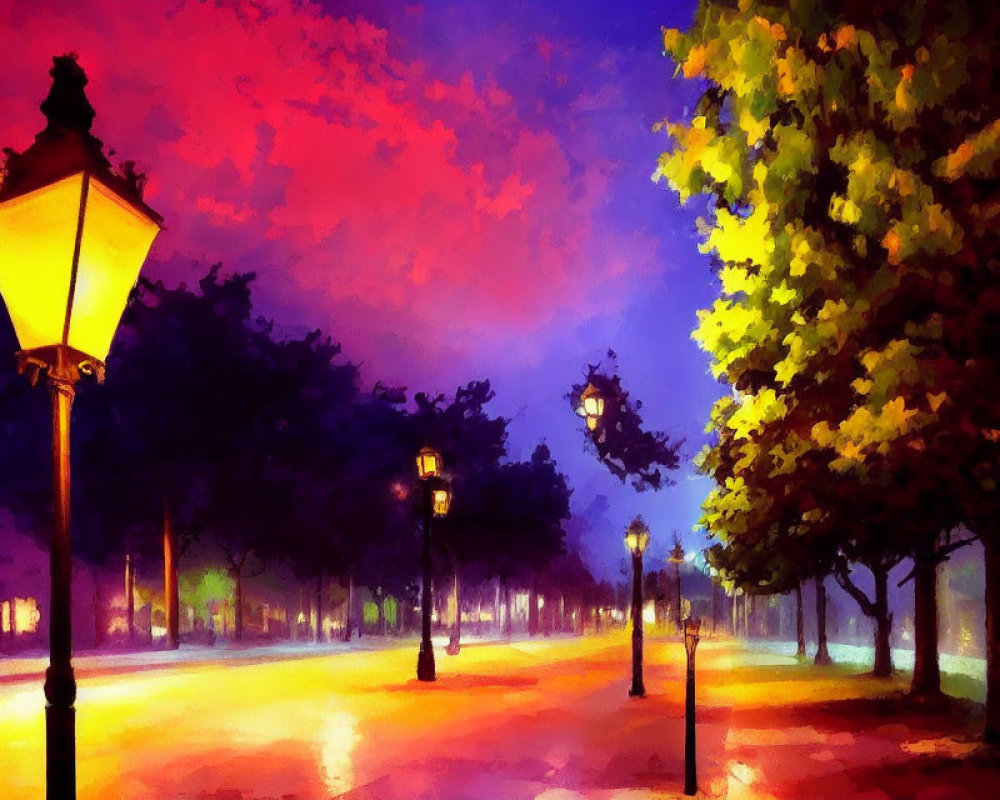 Impressionist-style painting: Tranquil street at dusk with glowing street lamps