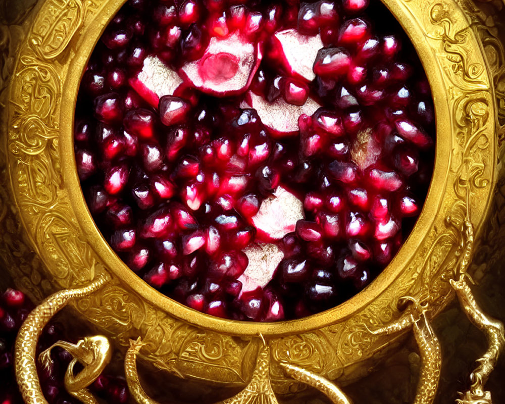 Golden Bowl with Red Pomegranate Seeds and Decorative Trim