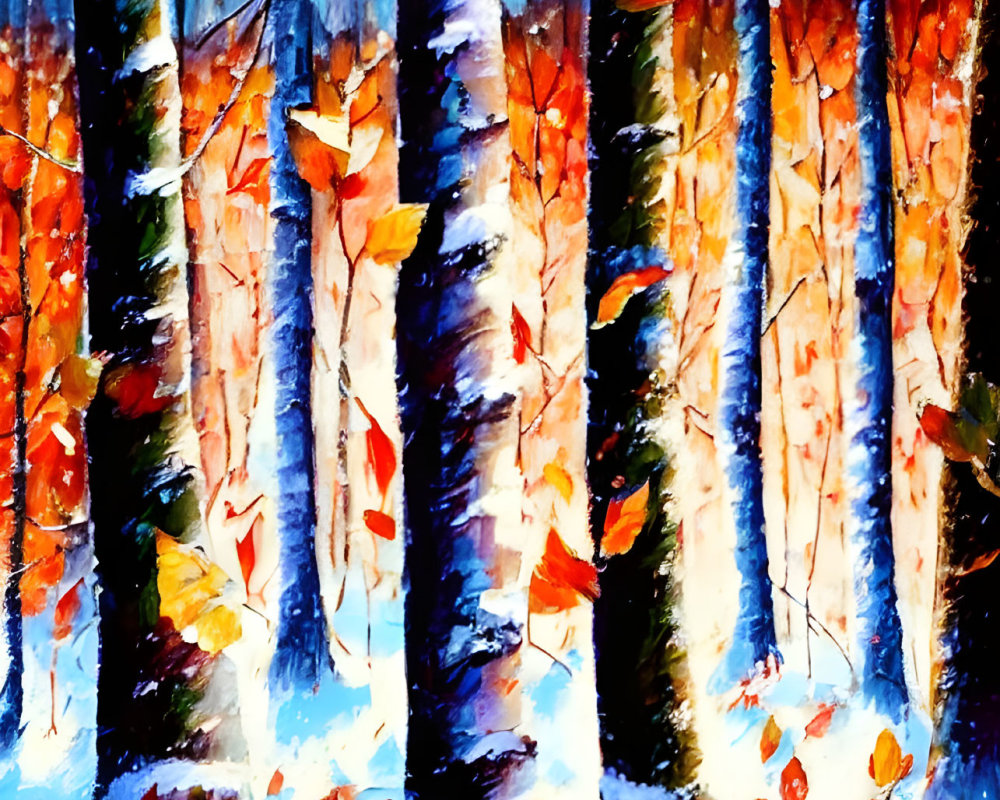 Vibrant impressionistic painting of autumn leaves in snowy forest