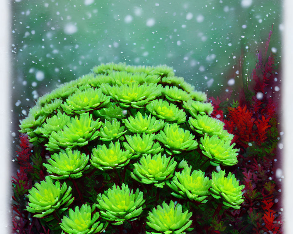 Vibrant digital painting: Green succulents, red foliage, gentle snowfall