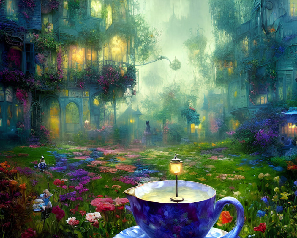 Colorful street scene with oversized teacup and mystical haze