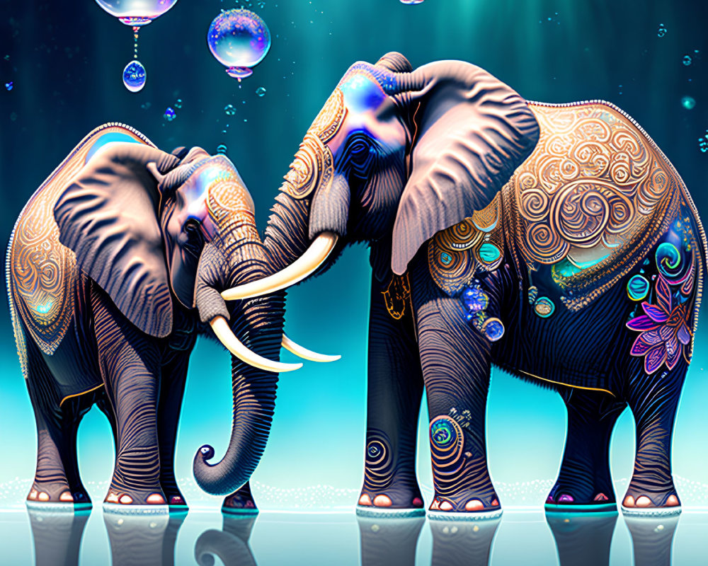 Ornately decorated elephants with glowing patterns, trunk to trunk, amidst floating bubbles and starry sky