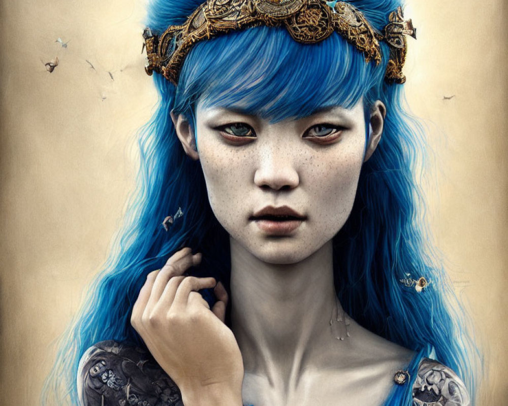 Fantasy portrait of woman with blue hair, golden headdress, freckles & butterflies