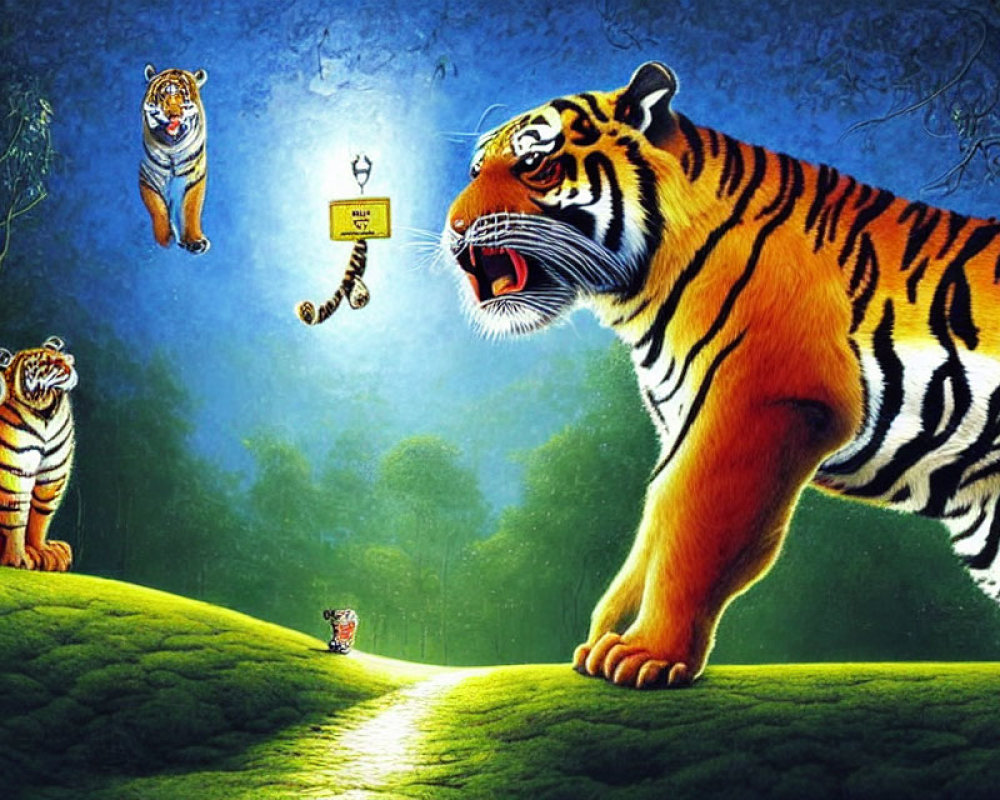 Three Tigers in Illuminated Surreal Forest with Varying Sizes