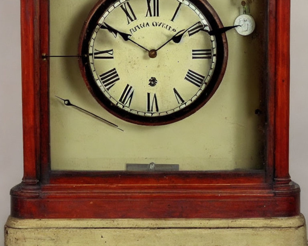 Vintage Mantel Clock with Roman Numerals in Red Wooden Case