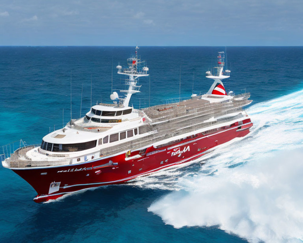 Luxury red and white yacht sailing on blue ocean under cloudy sky