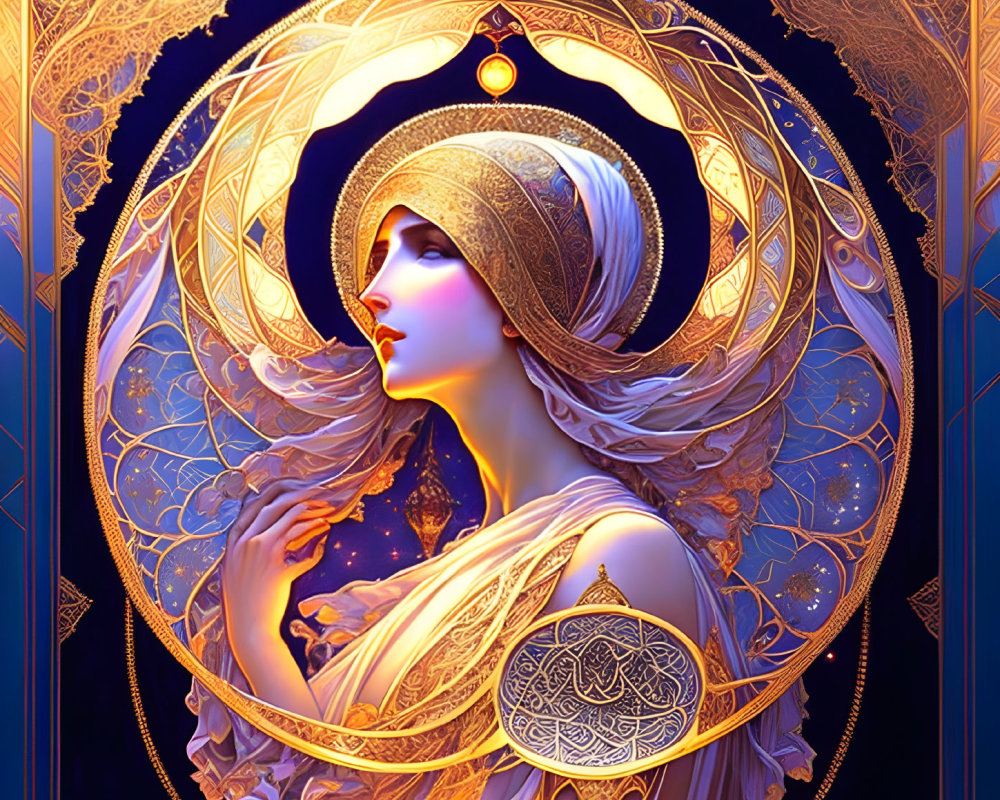 Detailed woman illustration with flowing hair and golden crescent moons on blue background