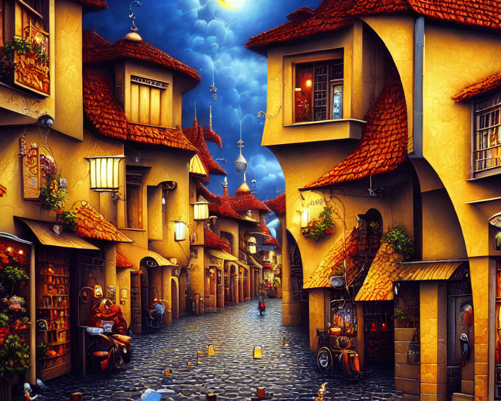 Colorful painting of a village street at dusk with glowing windows and leisurely activities