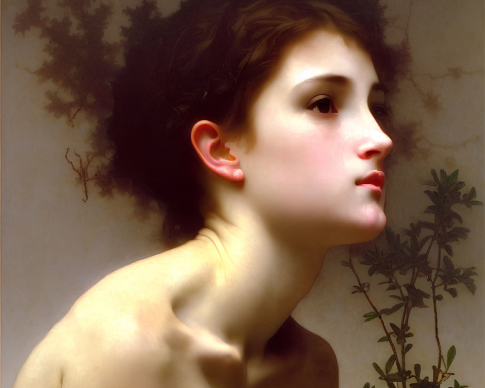 Classical-style portrait of woman with bare shoulders gazing left against plant backdrop