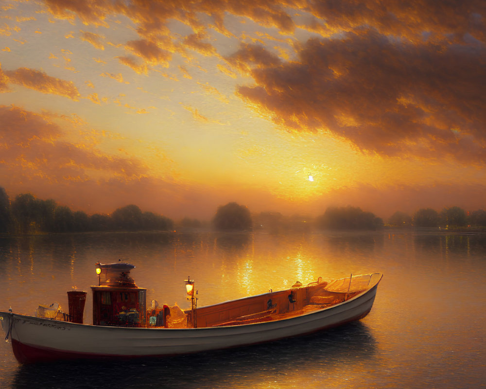 Tranquil sunset scene with golden hues on calm river and boat with people