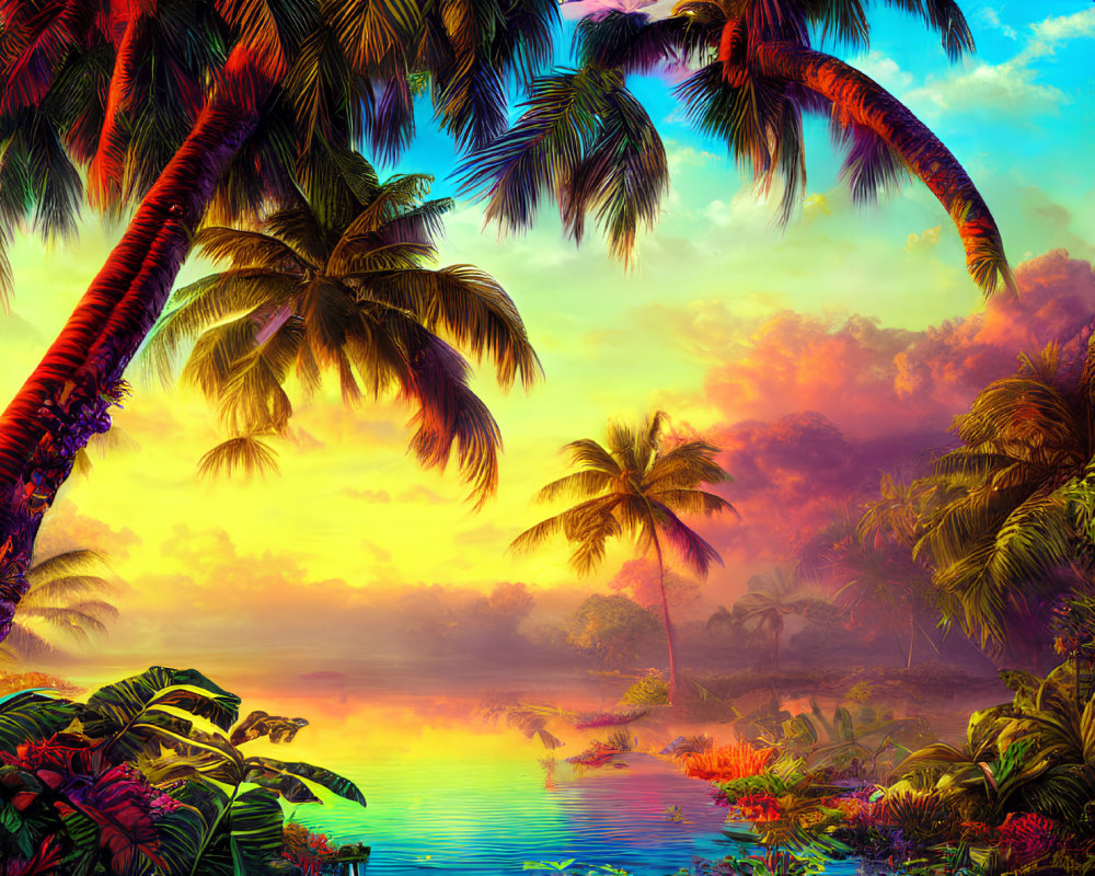 Scenic tropical sunset with palm tree silhouettes and colorful sky reflection