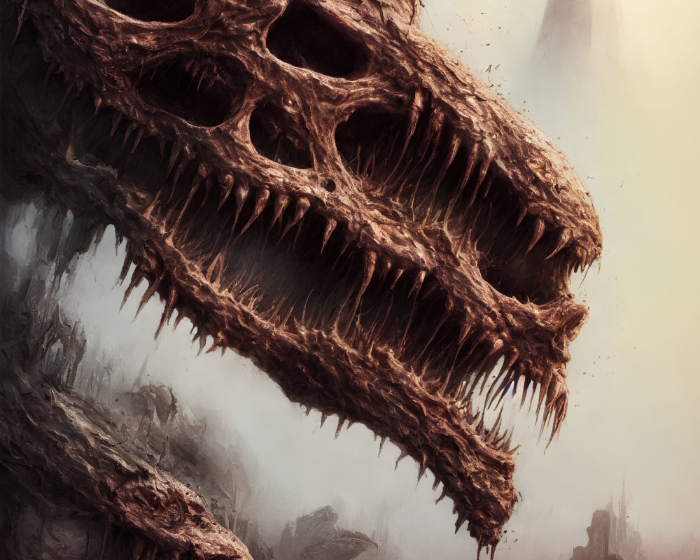 Detailed giant skull illustration with sharp teeth on desolate landscape.