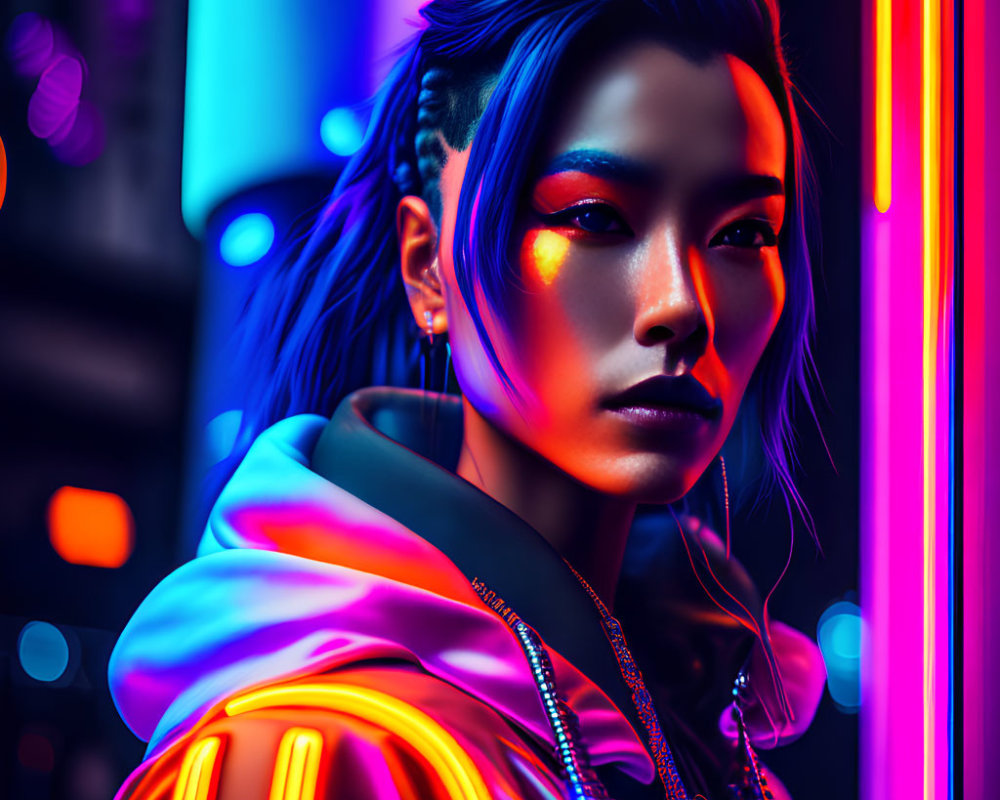 Intense gaze person with braided hair, neon lights, and stylish jacket.