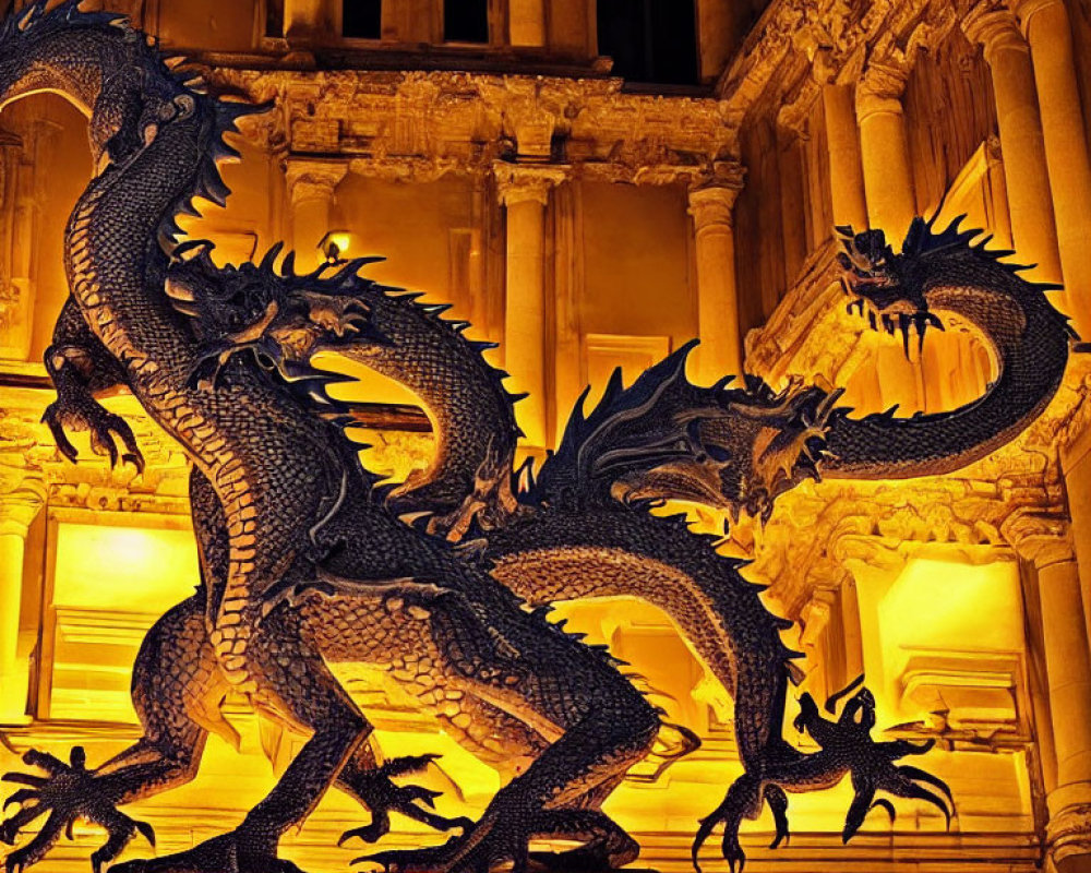 Intricate dragon sculpture with glowing outlines against classical architecture at night