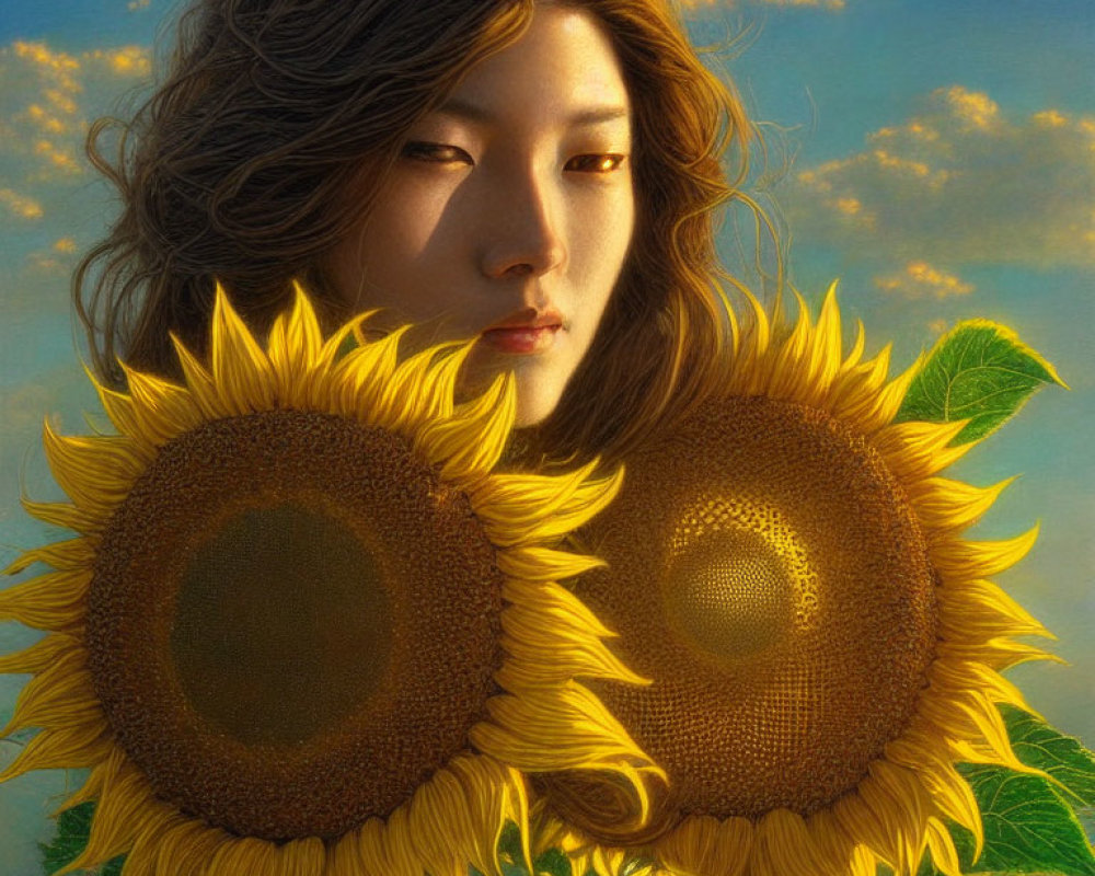 Calm person surrounded by detailed sunflowers under blue sky