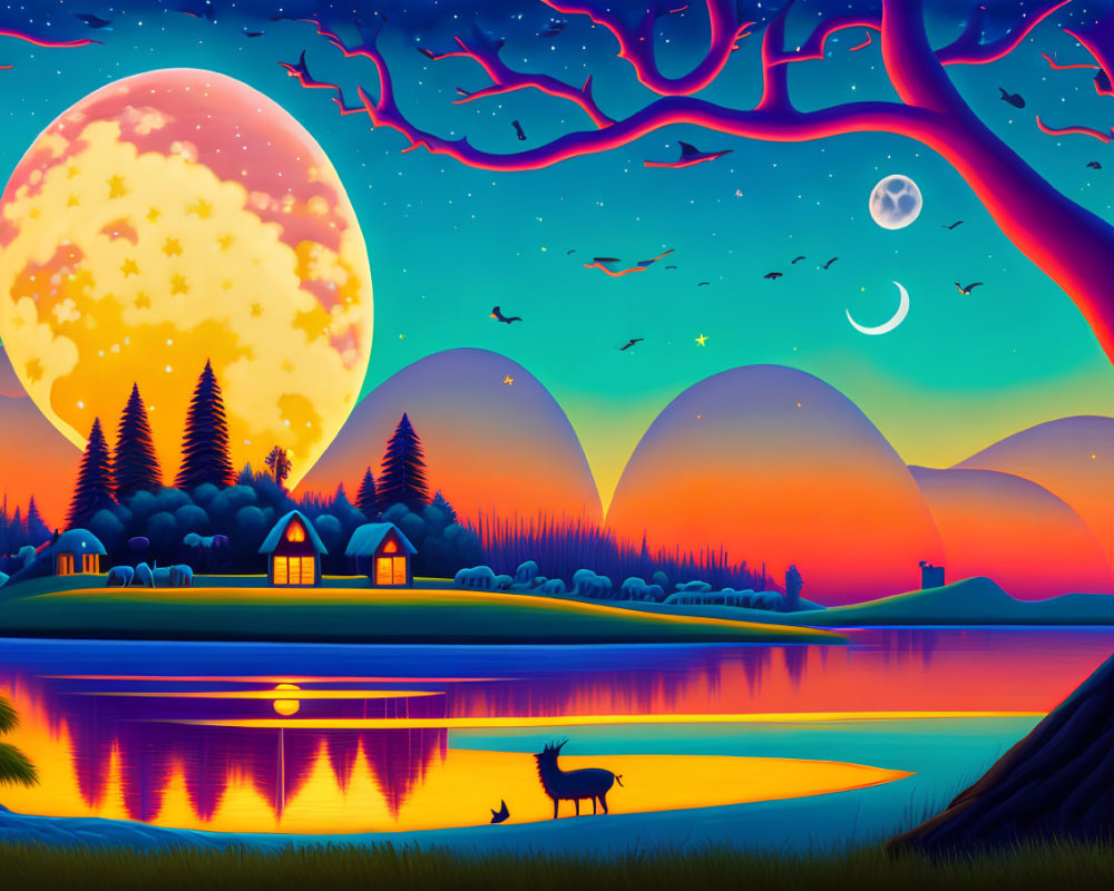 Serene Lake Sunset with Moon, Stars, Trees, Houses, and Stag