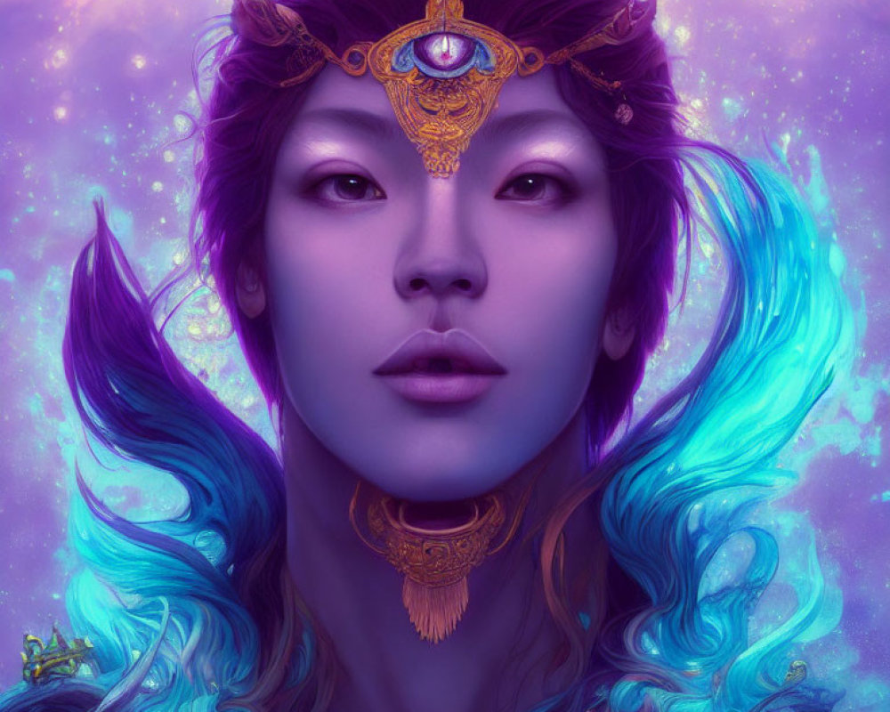 Fantasy illustration of woman with blue hair and eye tiara on purple background