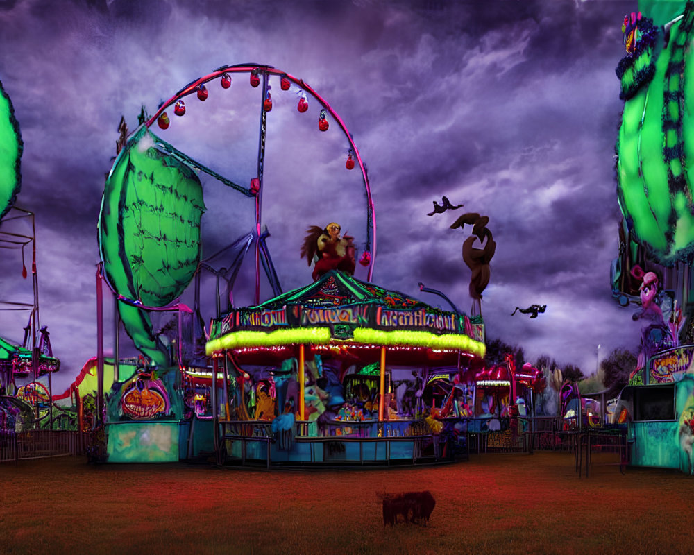 Colorful carnival night scene with lit merry-go-round and Ferris wheel under purple sky