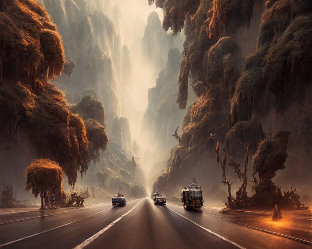 Forest-lined road with moss-covered cliffs and sunbeams filtering.