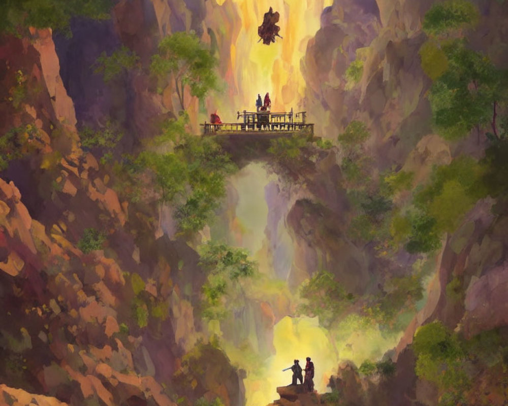 Glowing waterfall in fantasy landscape with silhouetted figures on bridge