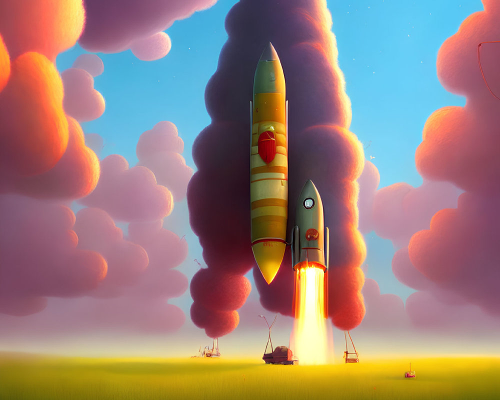 Stylized rocket launching at dawn over pink clouds and calm ocean