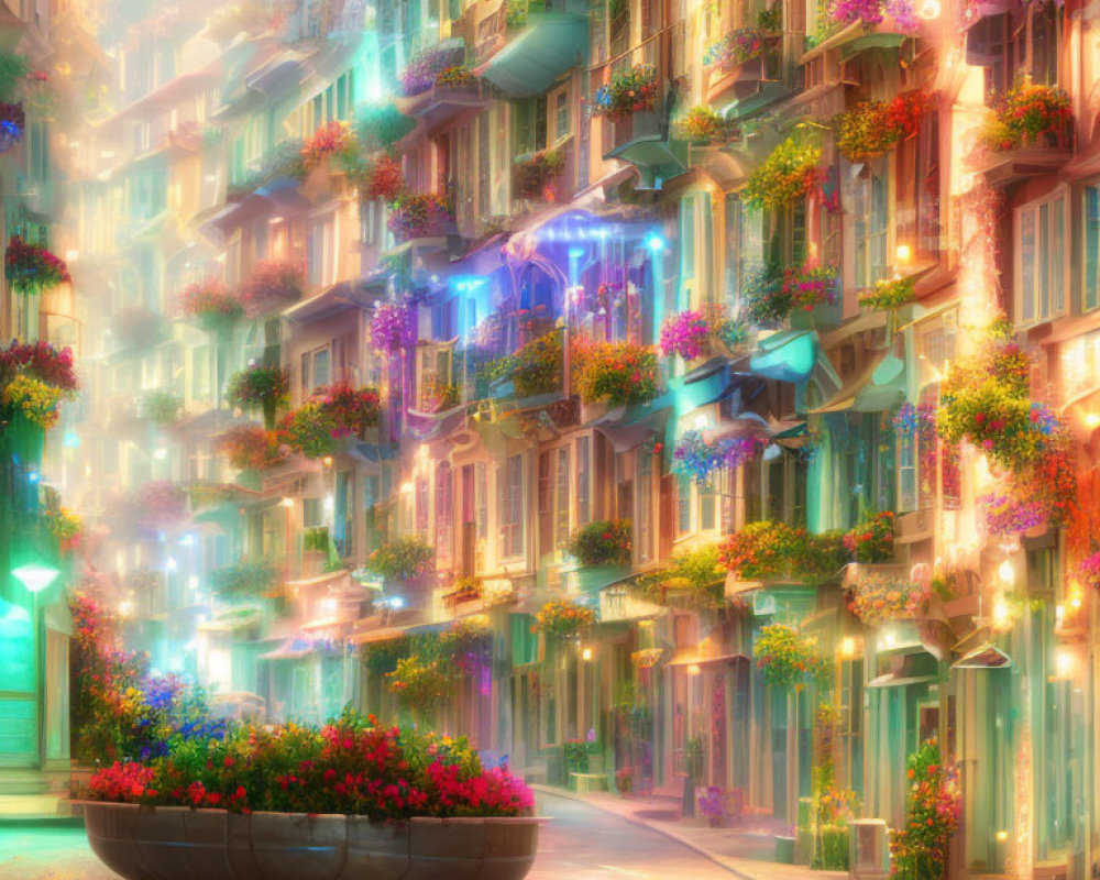 Colorful street with flowering balconies and warm twilight lights