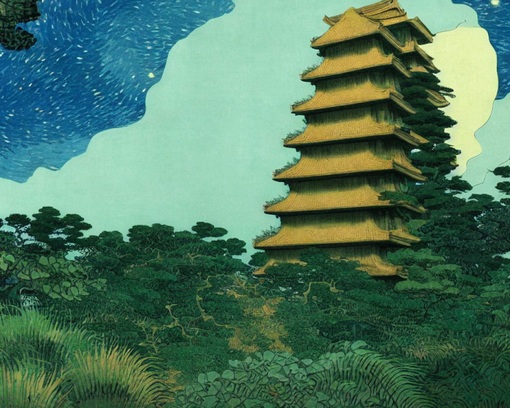 Stylized illustration of tall pagoda in lush foliage under night sky