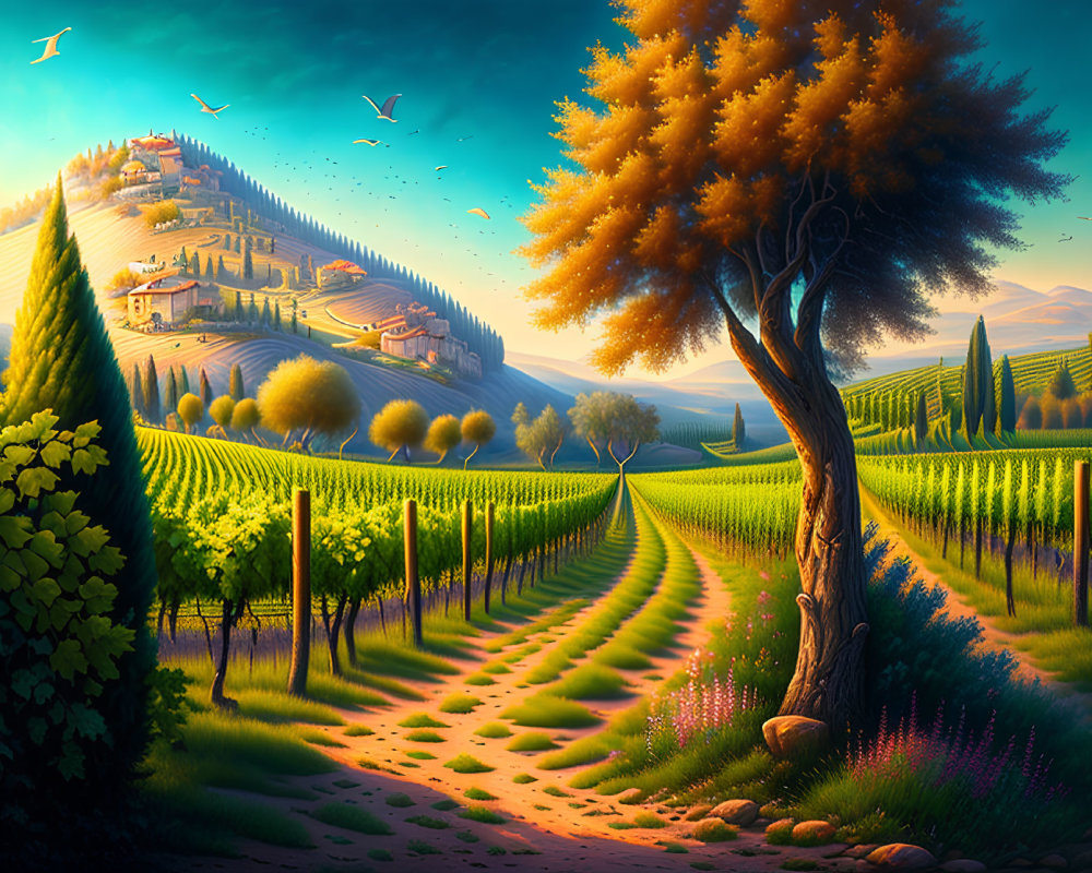 Scenic vineyard landscape with orange tree, hills, and buildings