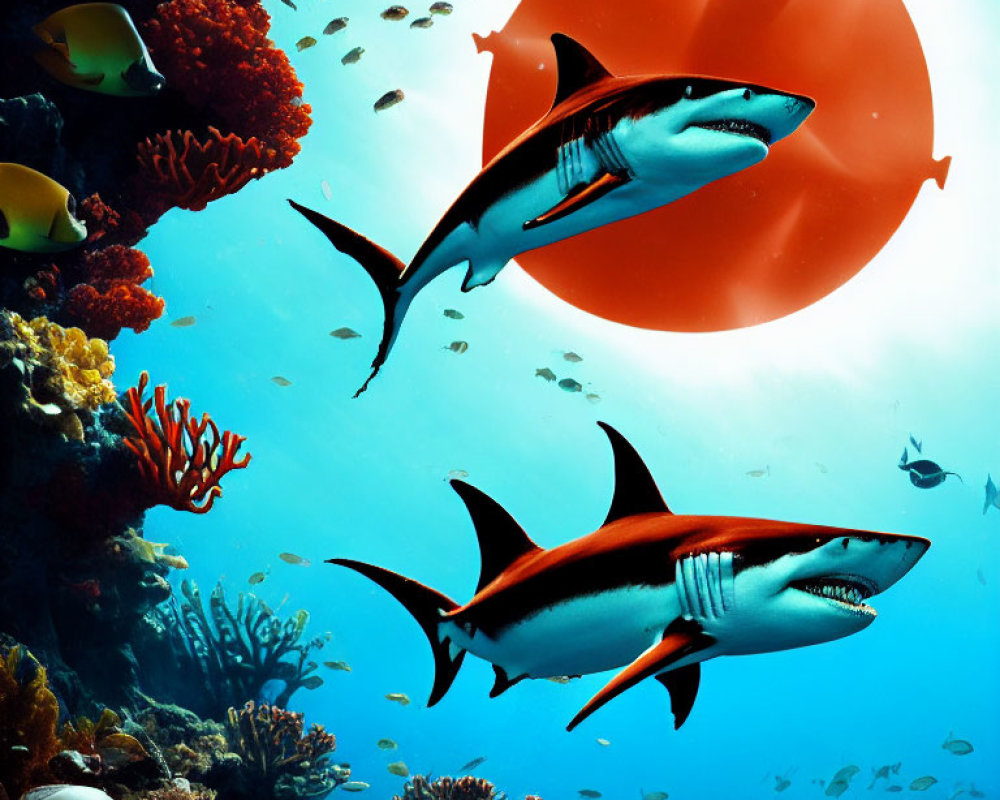 Vibrant coral reefs with two sharks in underwater scene