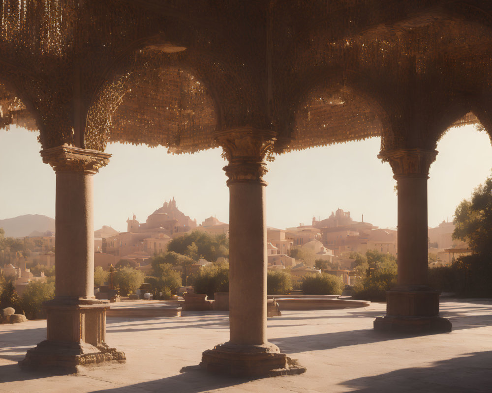 Ancient columns and arches in sunlit historic townscape.