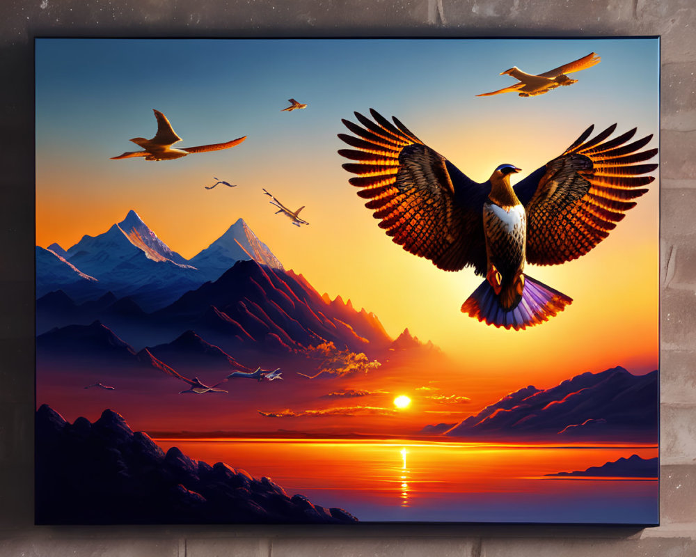 Framed artwork featuring bird soaring at sunset over mountains and sea