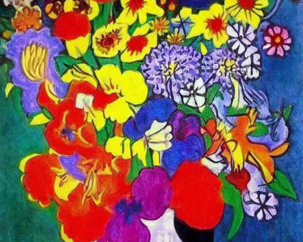 Colorful painting of assorted flowers in white vase on blue backdrop