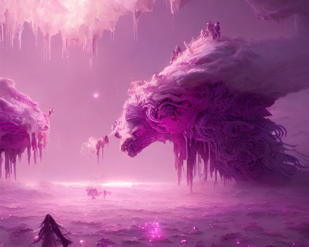 Purple Landscape with Floating Islands, Cloaked Figure, and Dragon Rock