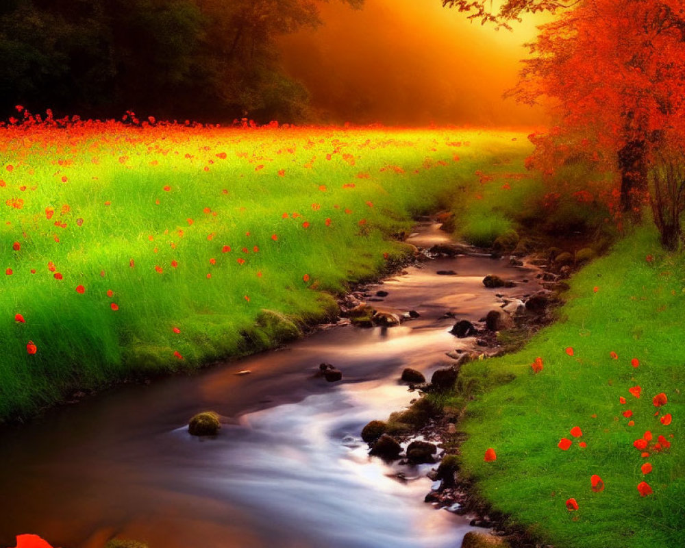 Tranquil stream in vibrant meadow at sunset